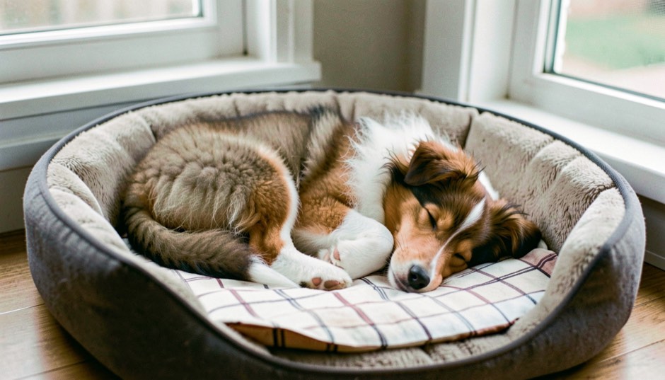 Collie pup van acht weken, sable met een witte kraag, slaapt opgerold op een geruit kleedje in een lage stoffen hondenmand, zacht ochtendlicht door een raam